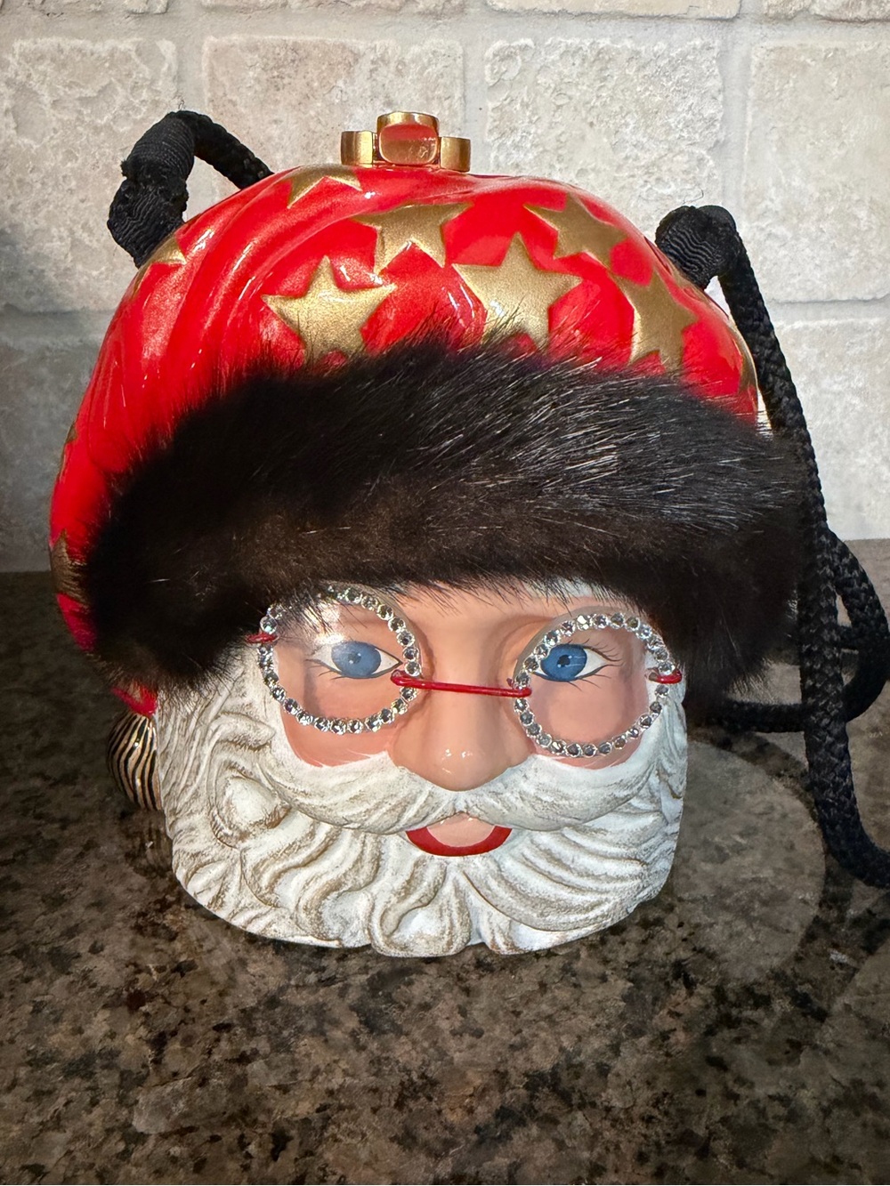 Timmy Woods Red and Gold Santa Head Accent with Black Fur Trim